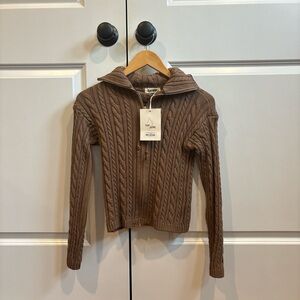 Djerf Avenue Brown Cable-Knit Zip Hoodie